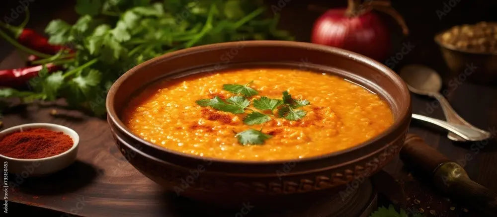 StanleySchüssel mit Linsen-Curry garniert mit frischen Kräutern und Chili