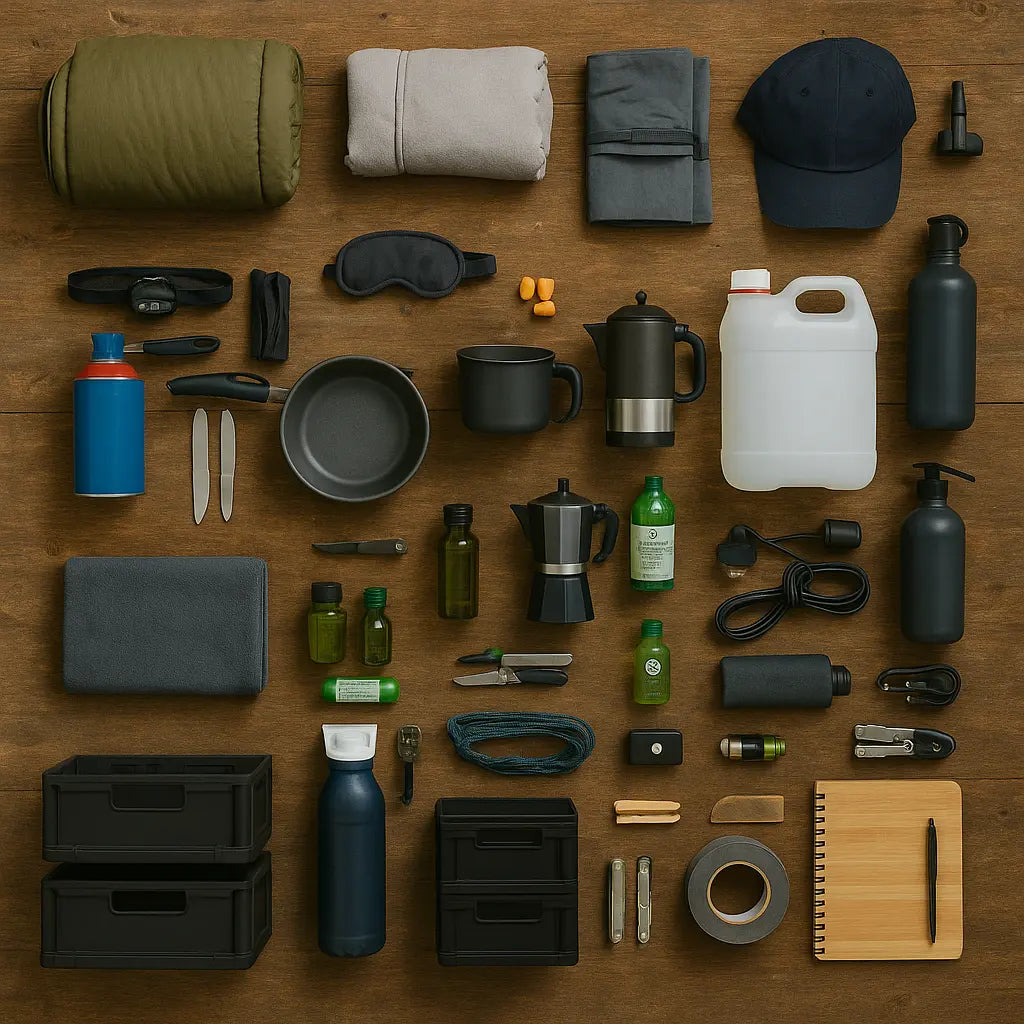 Camping-Ausrüstung im Flat Lay mit Kochgeschirr, Wasserkanister, Schlafsack und Zubehör