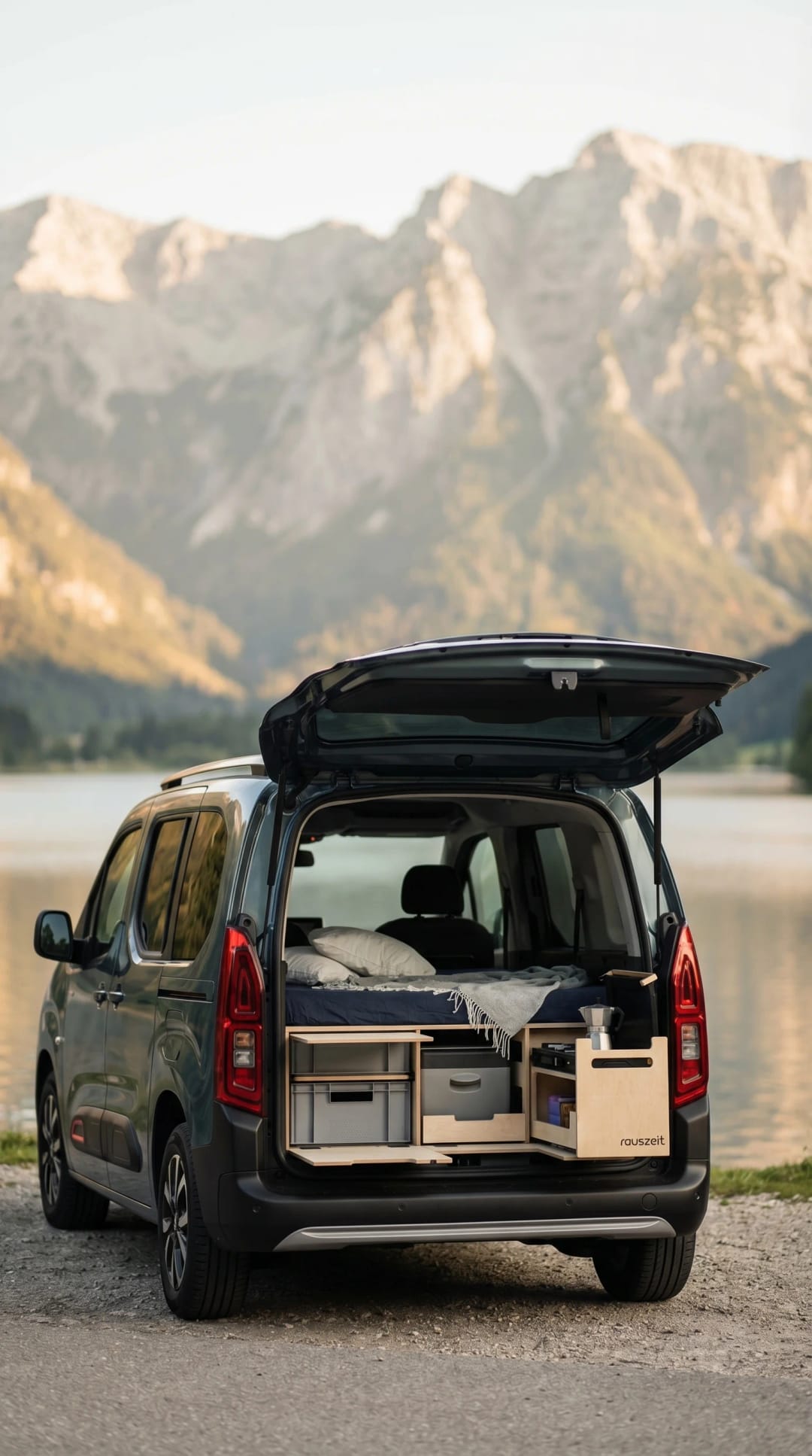 Citroën Berlingo mit Campingbox und geöffneter Heckklappe vor Bergsee und Alpenkulisse
