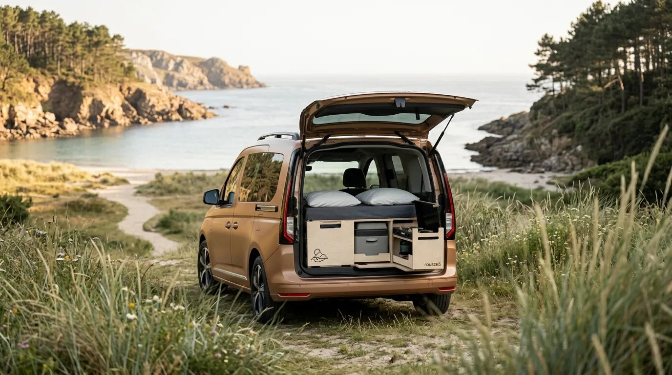 VW Caddy mit Campingbox an einer Felsenküste mit Bucht und Pinienwald