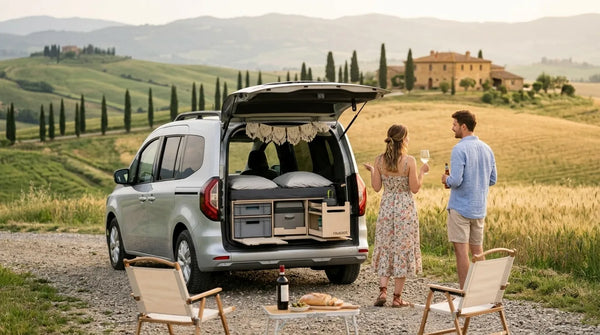 Renault Kangoo mit Campingbox in der Toskana, Paar mit Wein bei Sonnenuntergang vor Zypressen